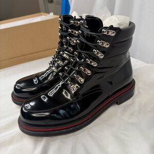 Christian Louboutin Men’s Alopista Flat Black Patent Leather Combat Boots